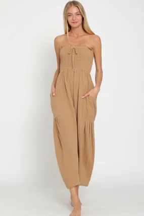Khaki Tube Smocked Ankle Jumpsuit