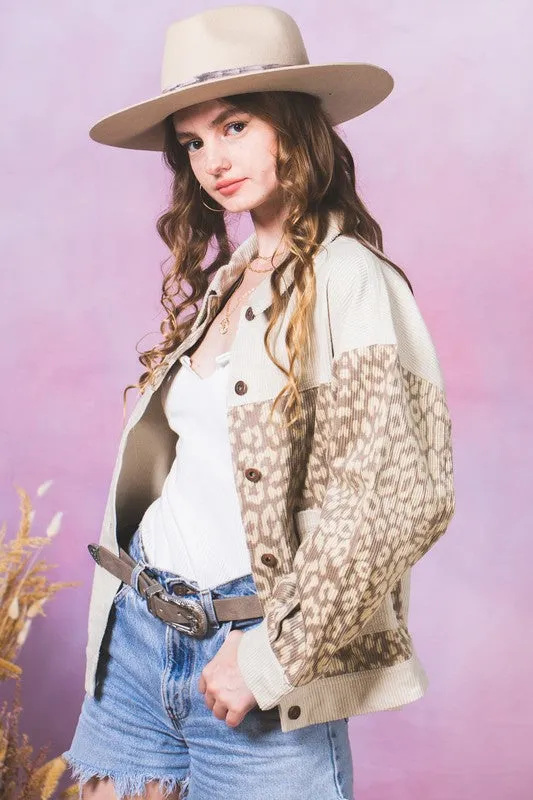Leopard Contrast Button Down Corduroy Jacket- Beige/Ecru