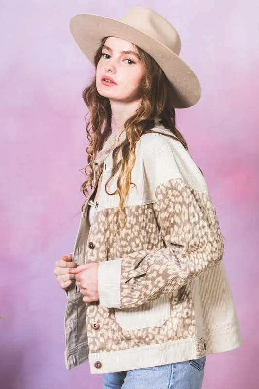Leopard Contrast Button Down Corduroy Jacket- Beige/Ecru