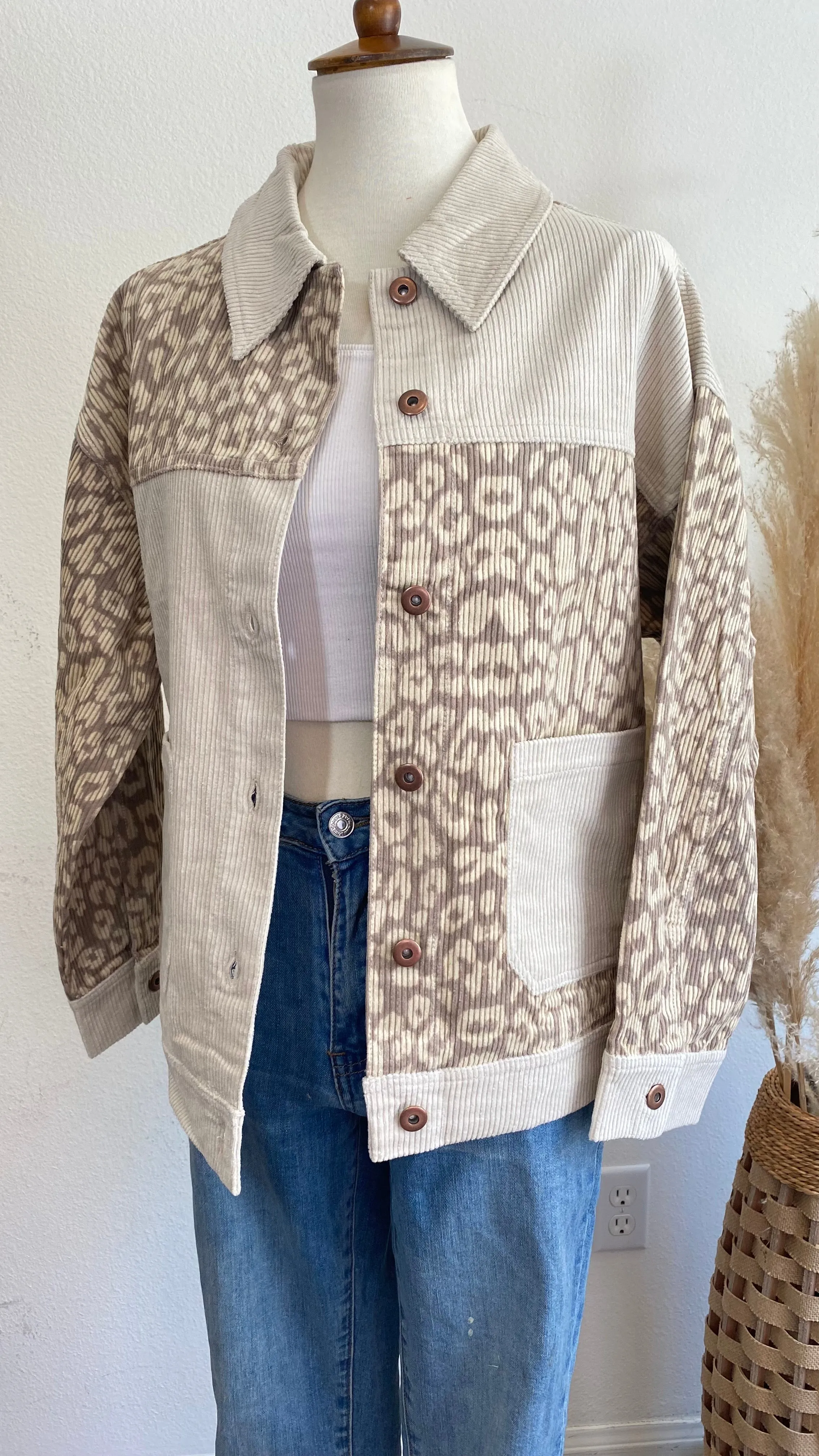 Leopard Contrast Button Down Corduroy Jacket- Beige/Ecru