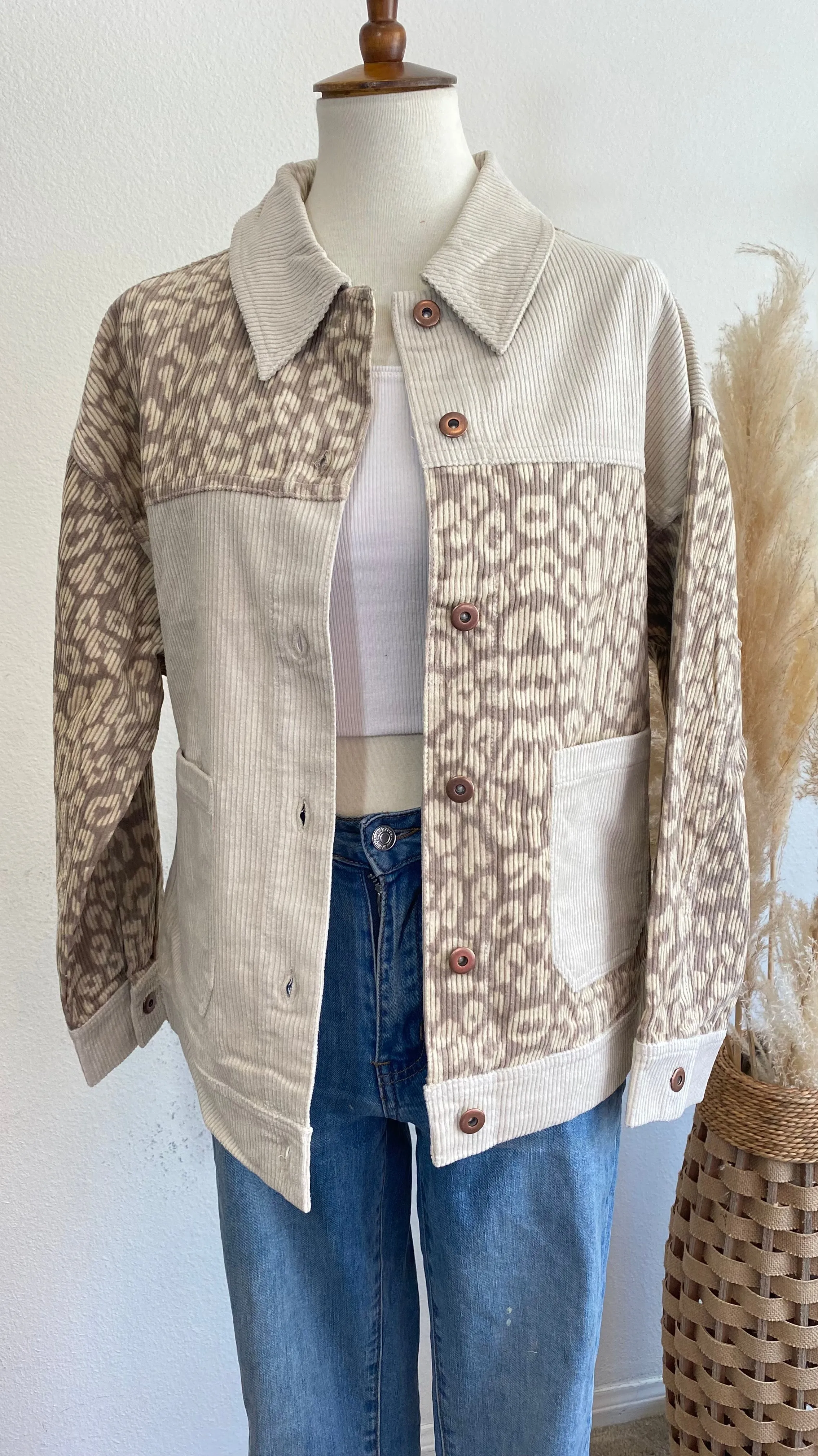 Leopard Contrast Button Down Corduroy Jacket- Beige/Ecru