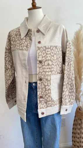 Leopard Contrast Button Down Corduroy Jacket- Beige/Ecru