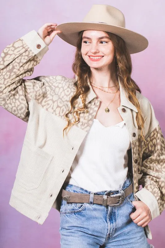 Leopard Contrast Button Down Corduroy Jacket- Beige/Ecru