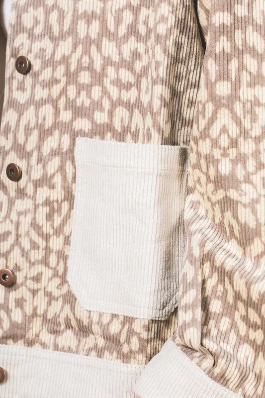 Leopard Contrast Button Down Corduroy Jacket- Beige/Ecru