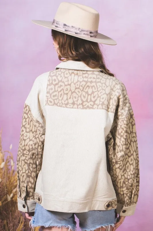Leopard Contrast Button Down Corduroy Jacket- Beige/Ecru