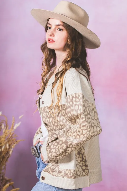 Leopard Contrast Button Down Corduroy Jacket- Beige/Ecru