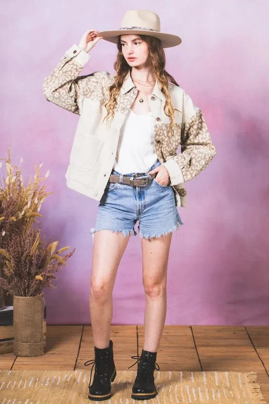Leopard Contrast Button Down Corduroy Jacket- Beige/Ecru