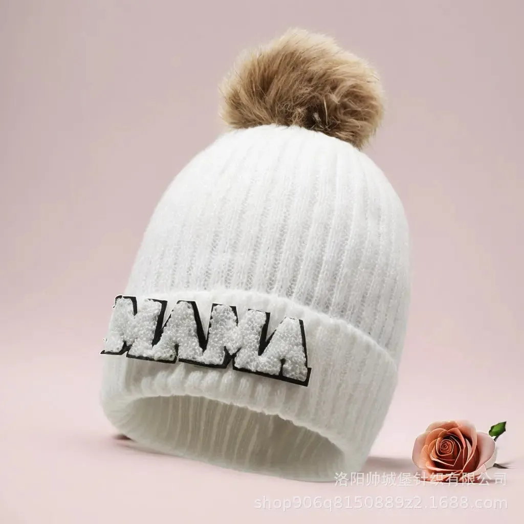 Letter MAMA wool hat winter European and American outdoor ski wool ball knitted hat warm hat