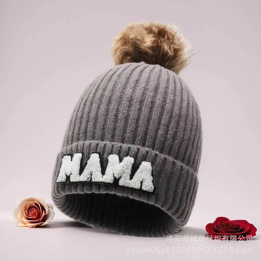 Letter MAMA wool hat winter European and American outdoor ski wool ball knitted hat warm hat