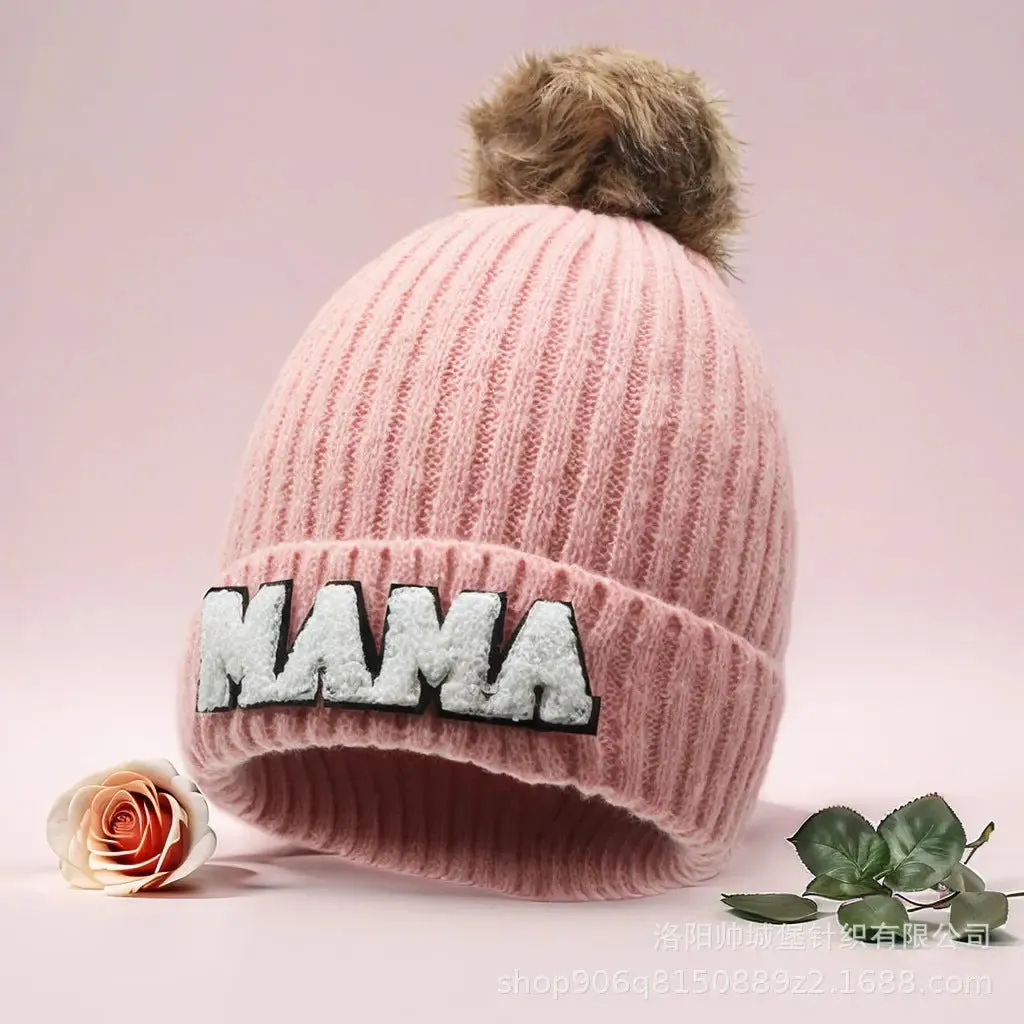 Letter MAMA wool hat winter European and American outdoor ski wool ball knitted hat warm hat