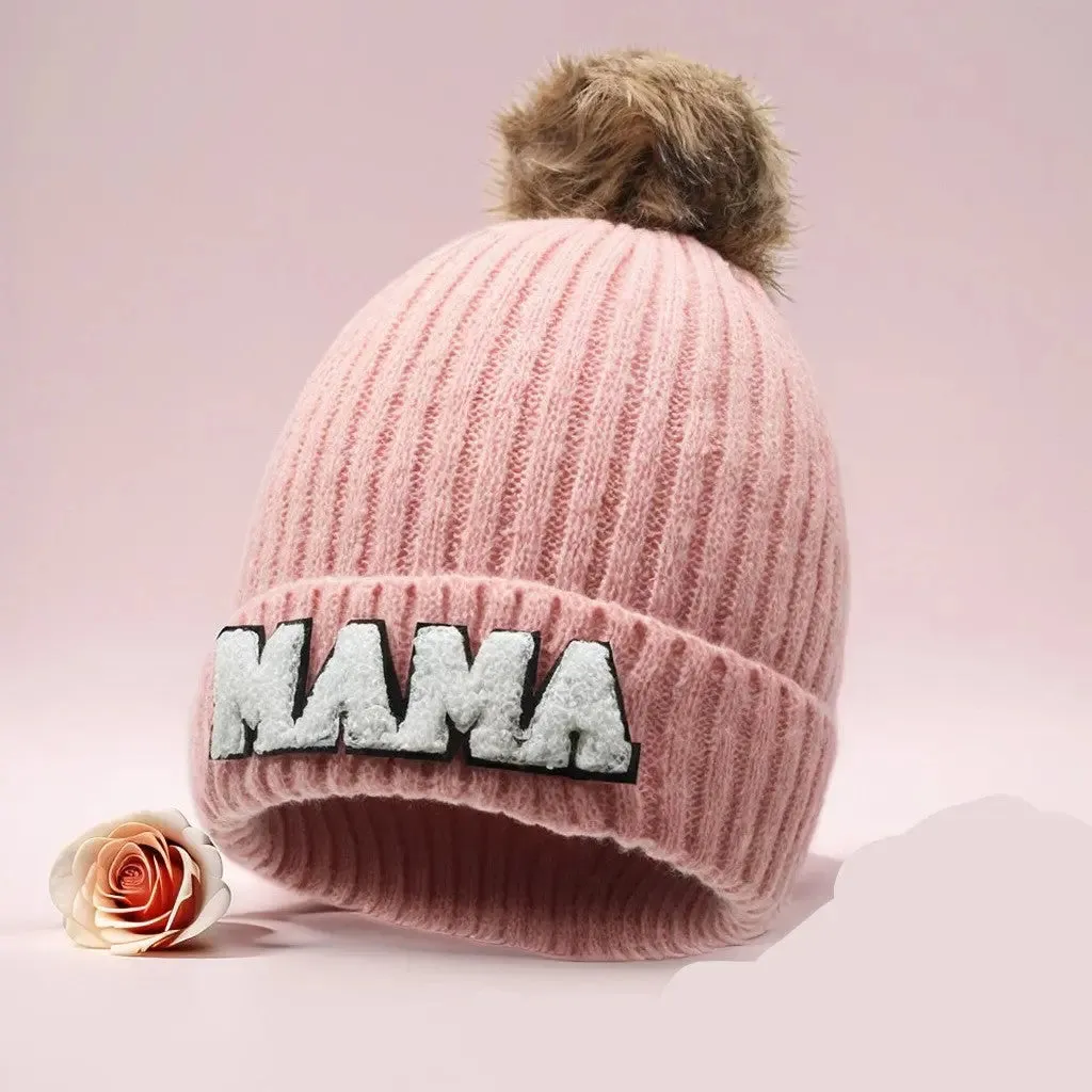 Letter MAMA wool hat winter European and American outdoor ski wool ball knitted hat warm hat