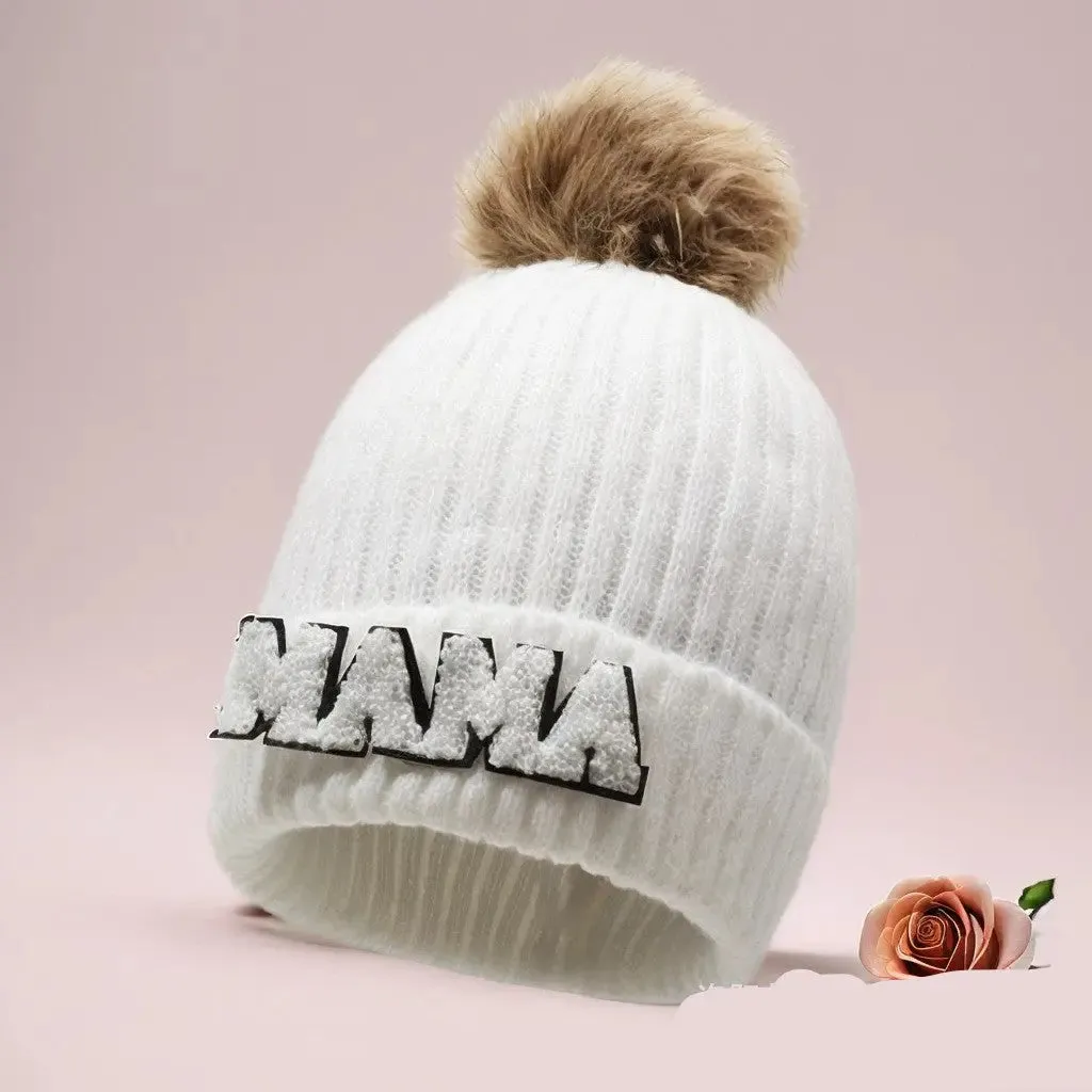 Letter MAMA wool hat winter European and American outdoor ski wool ball knitted hat warm hat