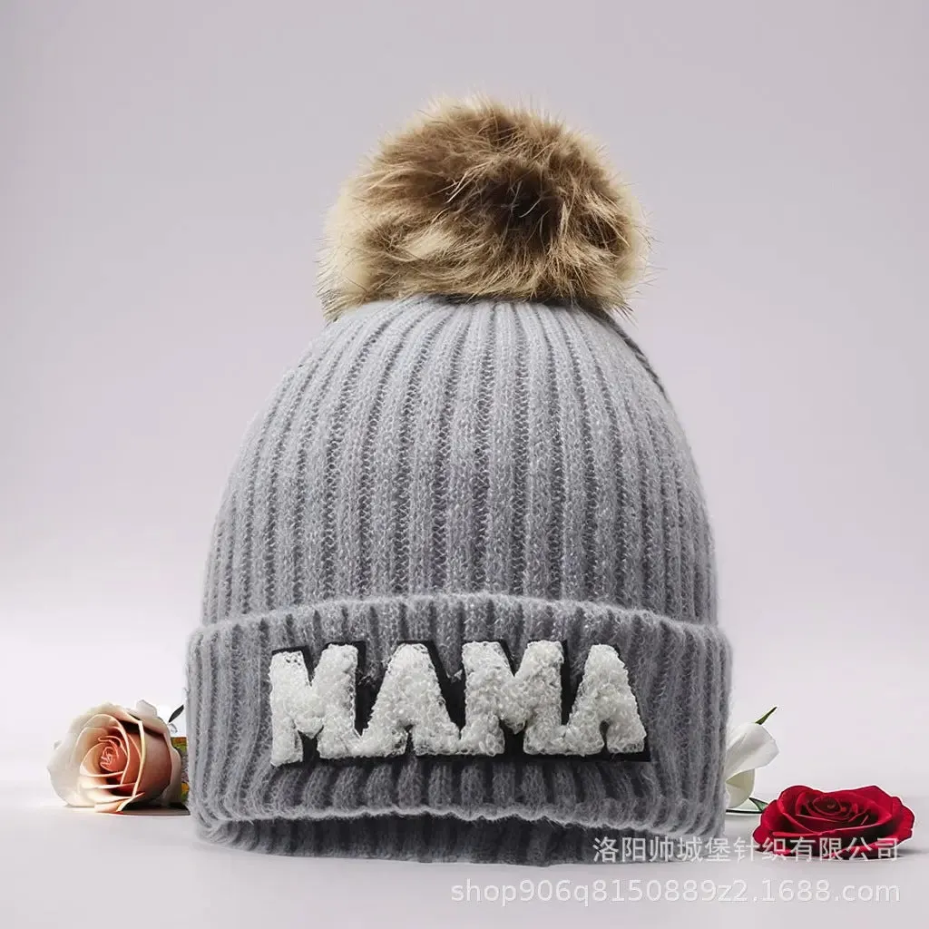 Letter MAMA wool hat winter European and American outdoor ski wool ball knitted hat warm hat
