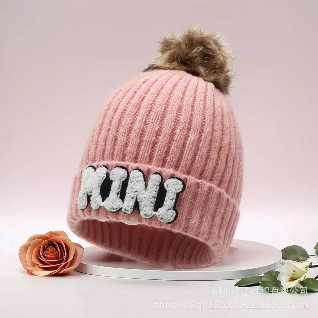 Letter MAMA wool hat winter European and American outdoor ski wool ball knitted hat warm hat