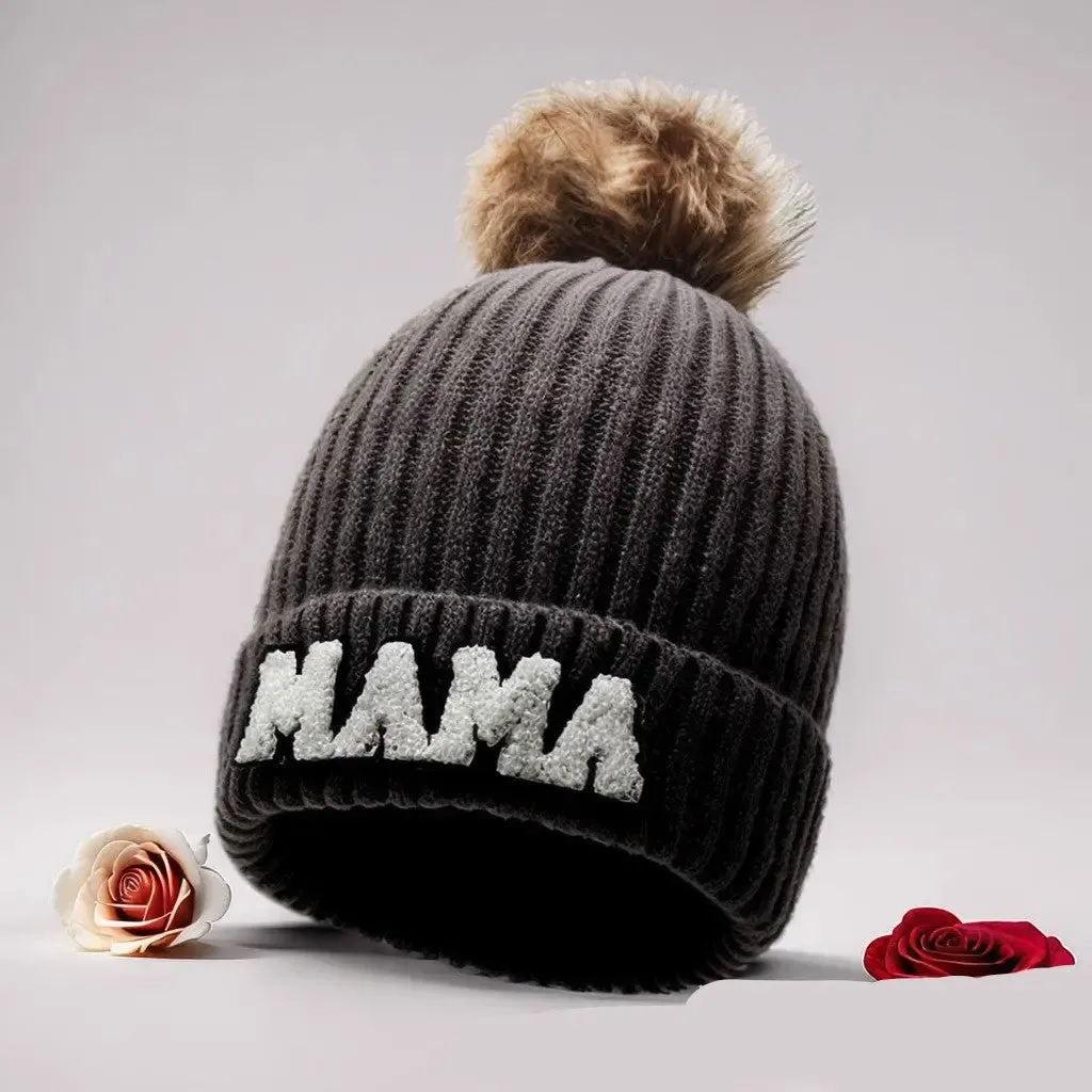 Letter MAMA wool hat winter European and American outdoor ski wool ball knitted hat warm hat