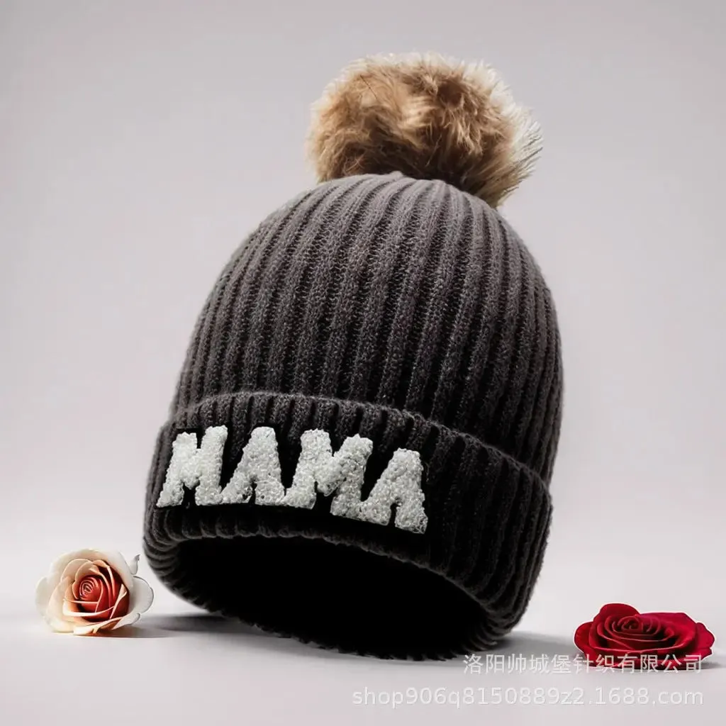 Letter MAMA wool hat winter European and American outdoor ski wool ball knitted hat warm hat