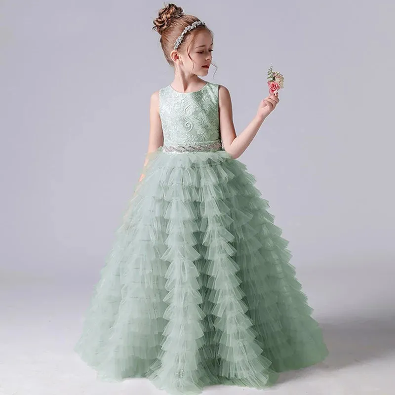 Long Girls Formal Princess Gowns 2024 Tiered Flower Girl Dress Junior Bridesmaid Dress