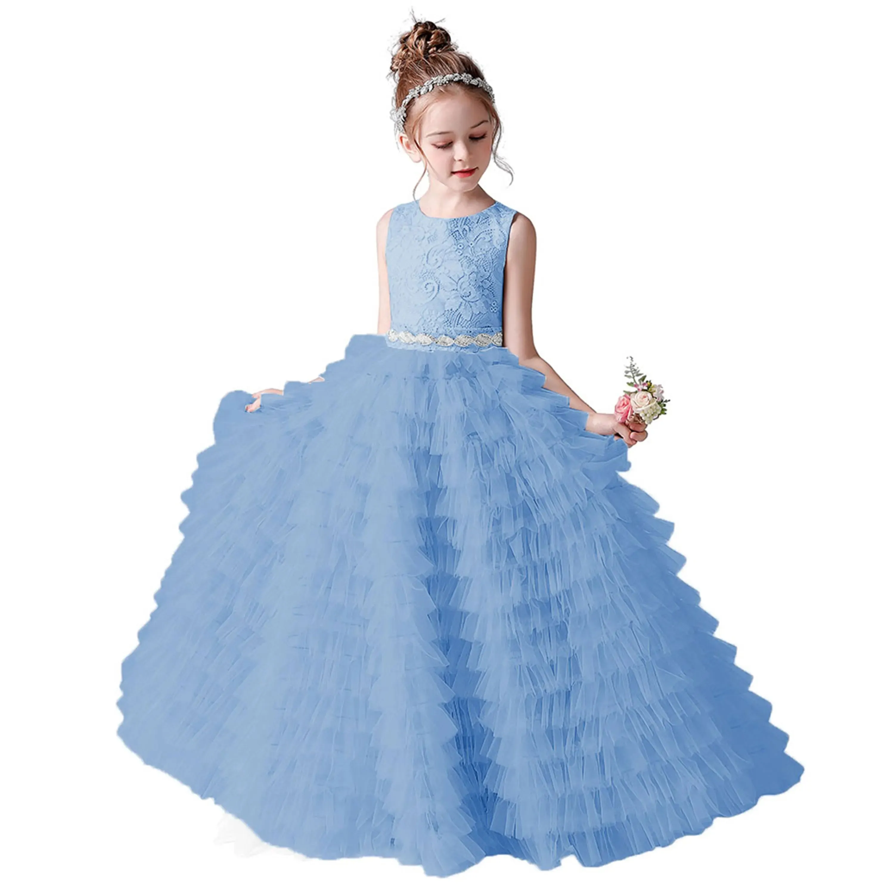 Long Girls Formal Princess Gowns 2024 Tiered Flower Girl Dress Junior Bridesmaid Dress