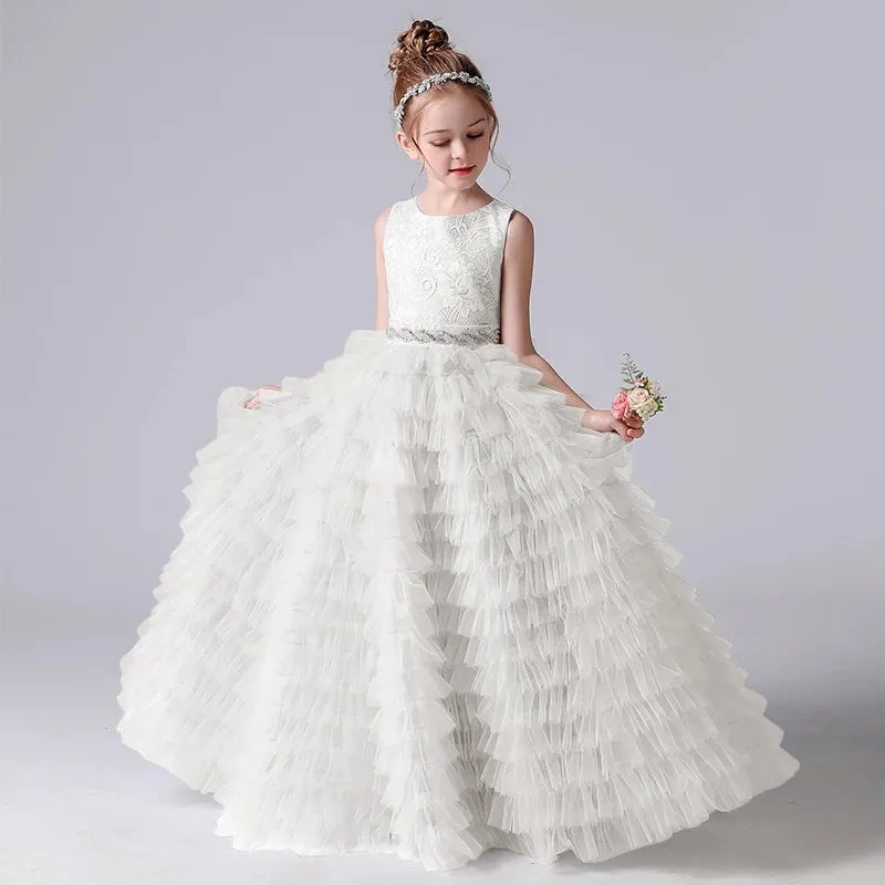 Long Girls Formal Princess Gowns 2024 Tiered Flower Girl Dress Junior Bridesmaid Dress
