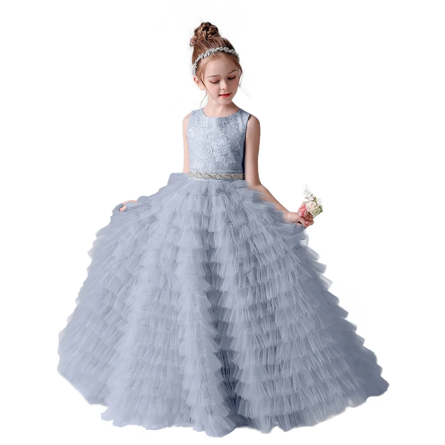 Long Girls Formal Princess Gowns 2024 Tiered Flower Girl Dress Junior Bridesmaid Dress