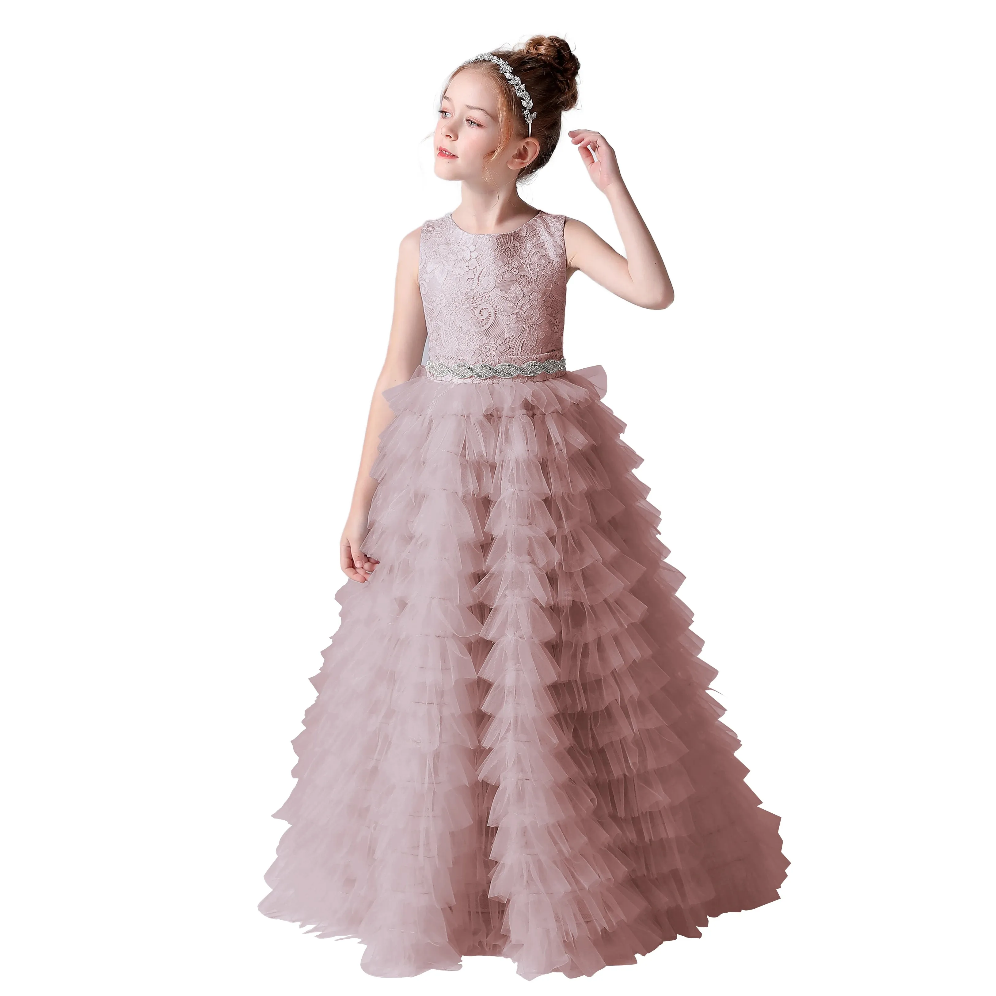 Long Girls Formal Princess Gowns 2024 Tiered Flower Girl Dress Junior Bridesmaid Dress