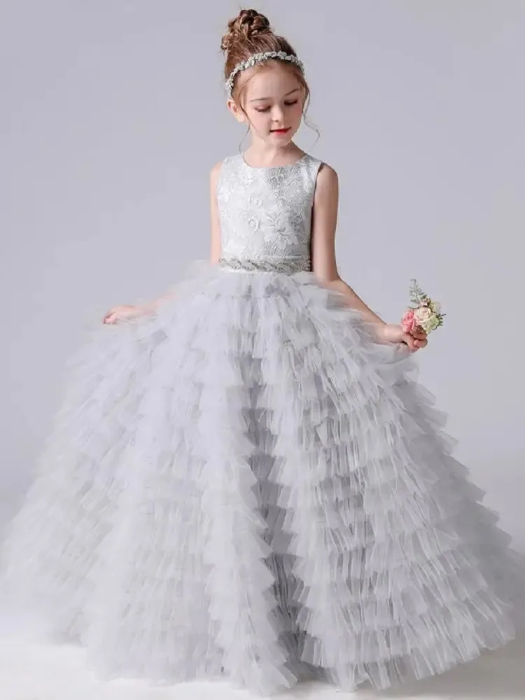 Long Girls Formal Princess Gowns 2024 Tiered Flower Girl Dress Junior Bridesmaid Dress