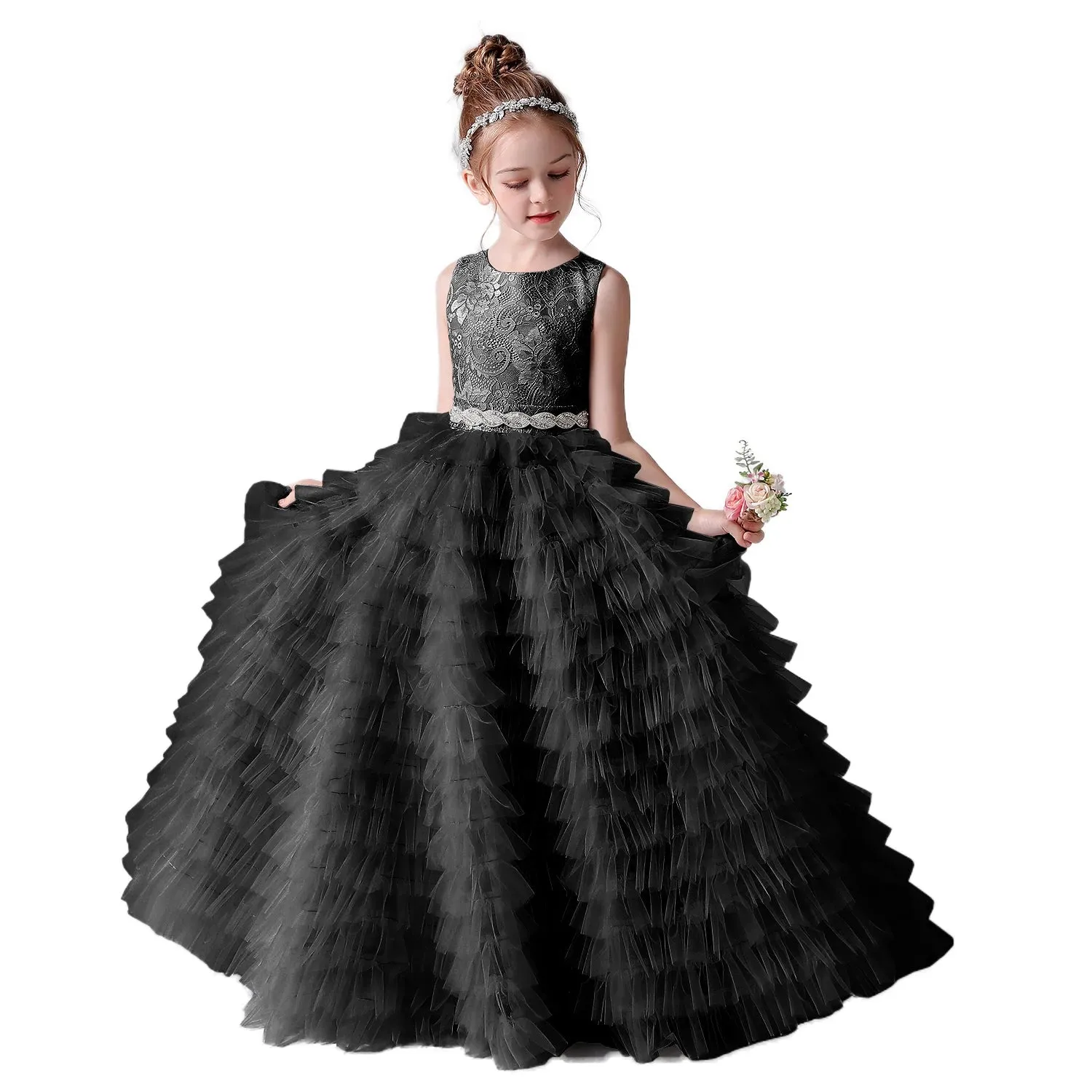 Long Girls Formal Princess Gowns 2024 Tiered Flower Girl Dress Junior Bridesmaid Dress