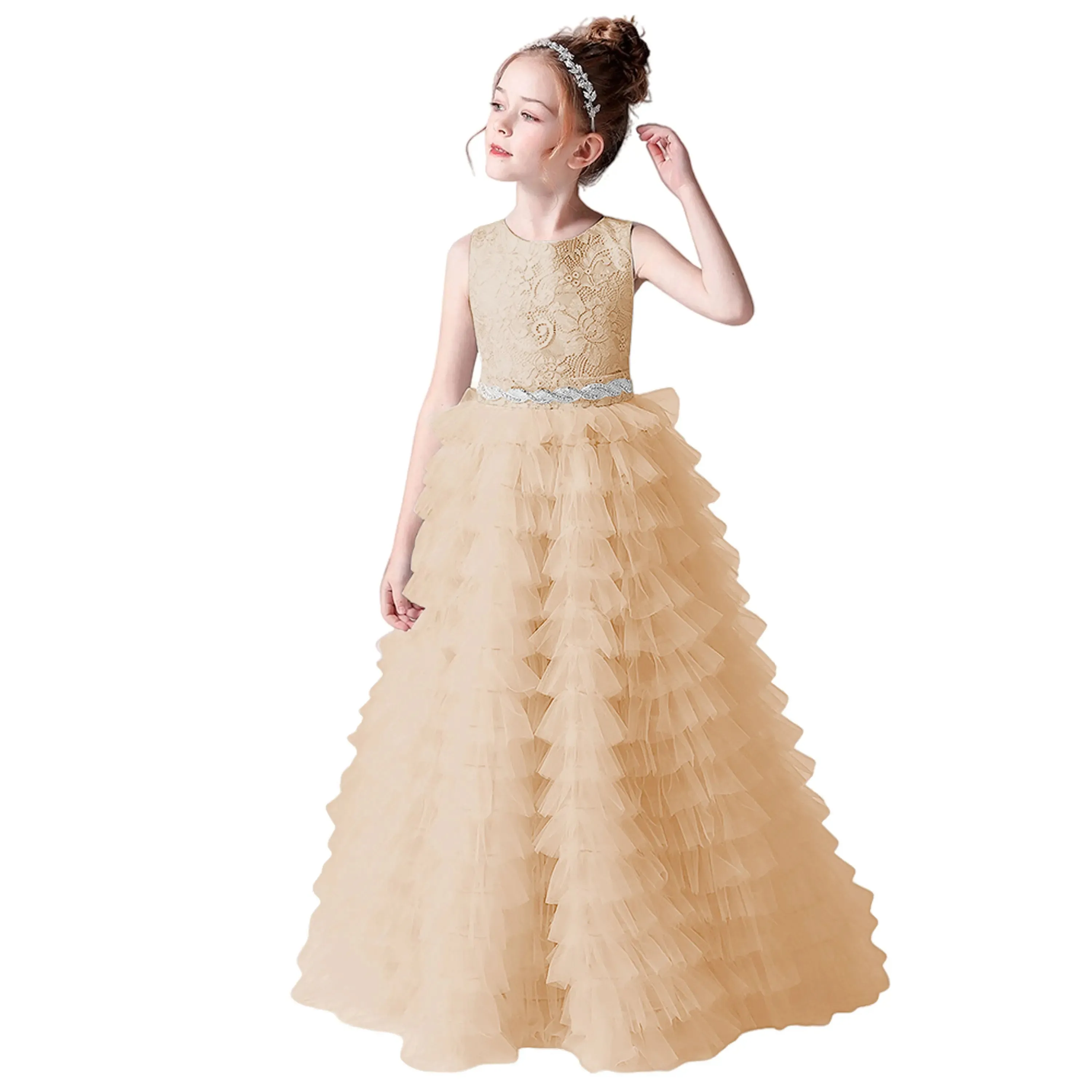 Long Girls Formal Princess Gowns 2024 Tiered Flower Girl Dress Junior Bridesmaid Dress