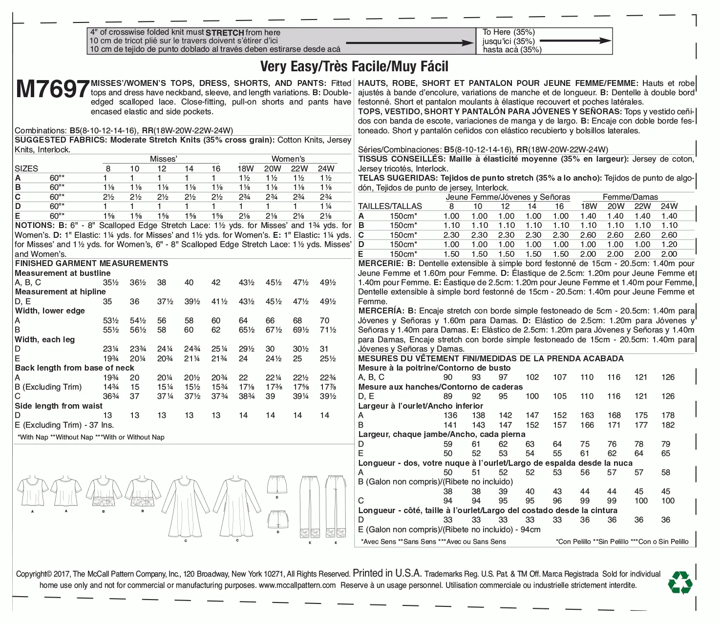 McCall's Pattern M7697 Misses'/Women's Lounge Tops, Dress, Shorts and Pants