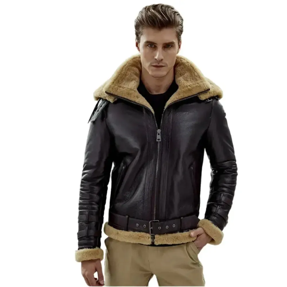 Men's Dark Brown B3 Bomber Shearling Jacket – Double Collar Style