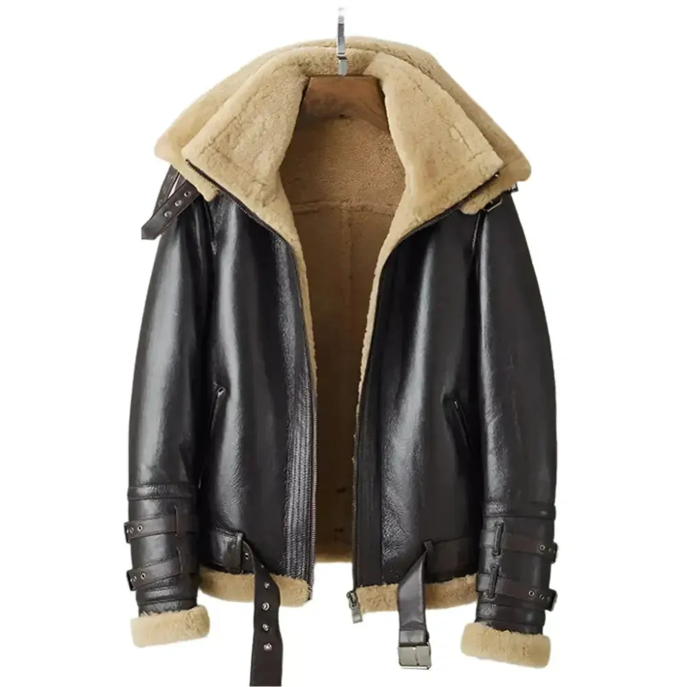 Men's Dark Brown B3 Bomber Shearling Jacket – Double Collar Style