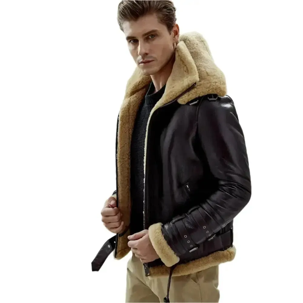 Men's Dark Brown B3 Bomber Shearling Jacket – Double Collar Style