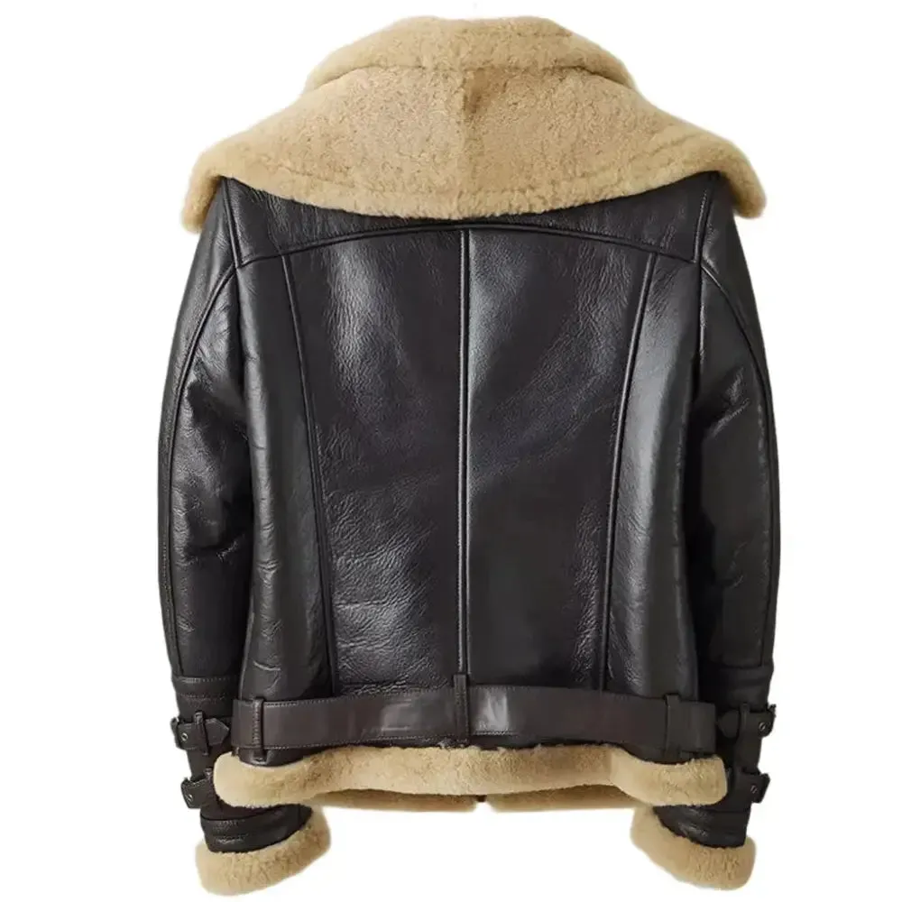 Men's Dark Brown B3 Bomber Shearling Jacket – Double Collar Style