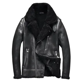 Men's Shearling Notched Collar Sheepskin Leather Jacket - Warm & Cozy