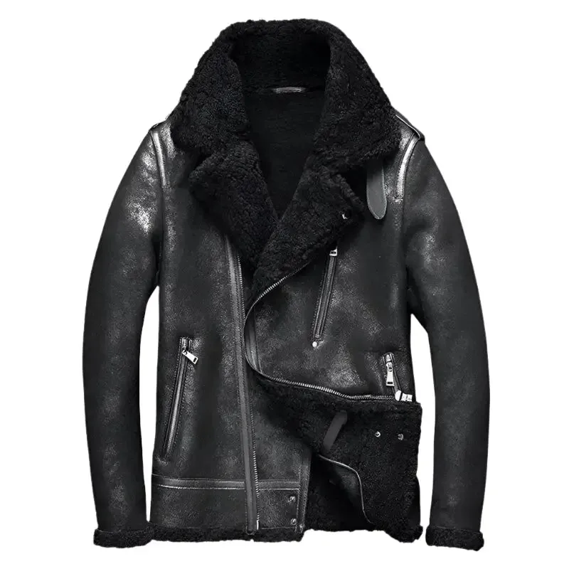 Men's Shearling Notched Collar Sheepskin Leather Jacket - Warm & Cozy
