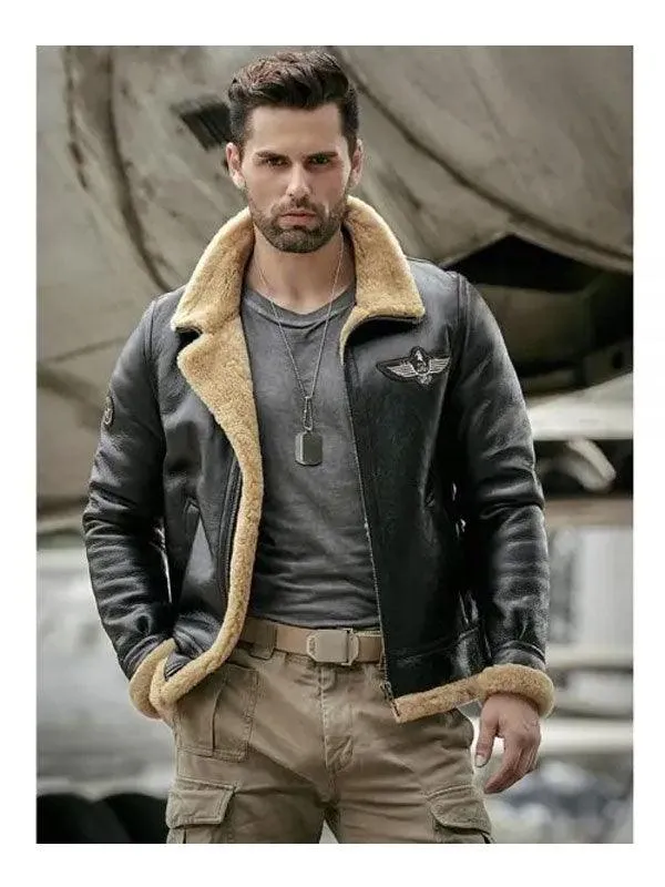 Men's Shearling Sheepskin Leather Bomber Jacket - Motorcycle Style