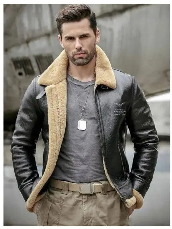 Men's Shearling Sheepskin Leather Bomber Jacket - Motorcycle Style