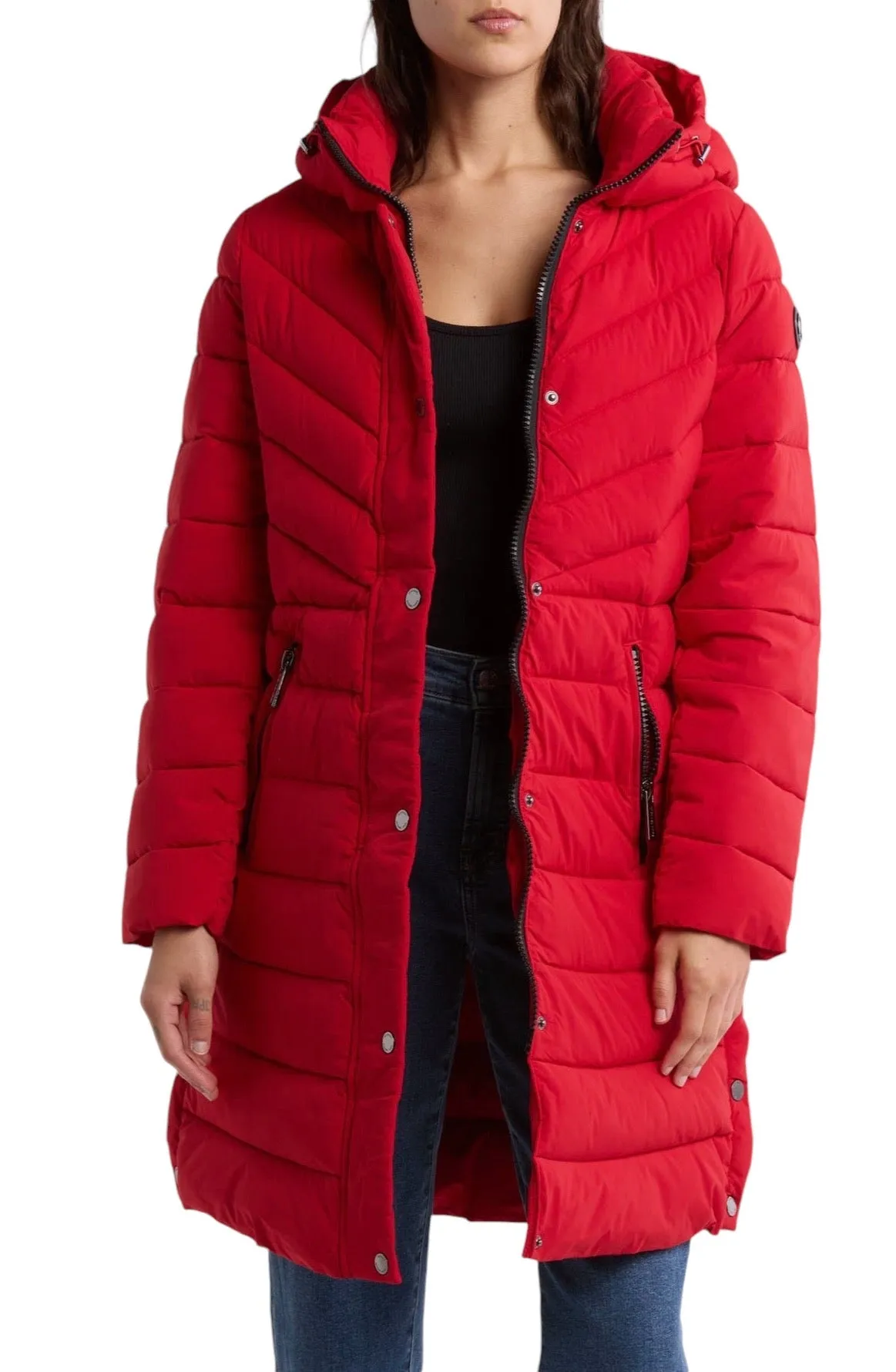 Michael Kors Hooded 450 Fill Power Longline Puffer Jacket M Crimson