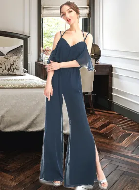 Mignon Jumpsuit/Pantsuit V-neck Floor-Length Bridesmaid Dress With Ruffle SWKP0013073