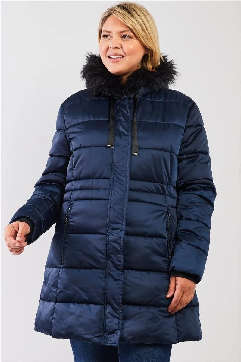 Navy Glossy Long Fitted Vegan Fur Hood Detail Winter Puffer Jacket
