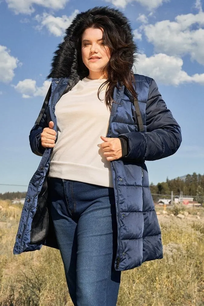 Navy Glossy Long Fitted Vegan Fur Hood Detail Winter Puffer Jacket