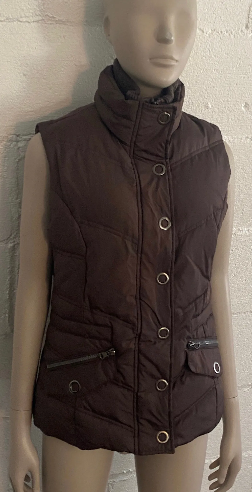 New York Classics Down Puffer Vest Dark Brown Button Zip Sz Small