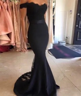 Off Shoulder Mermaid Black Lace Prom Dresses, Black Lace Bridesmaid Dresses