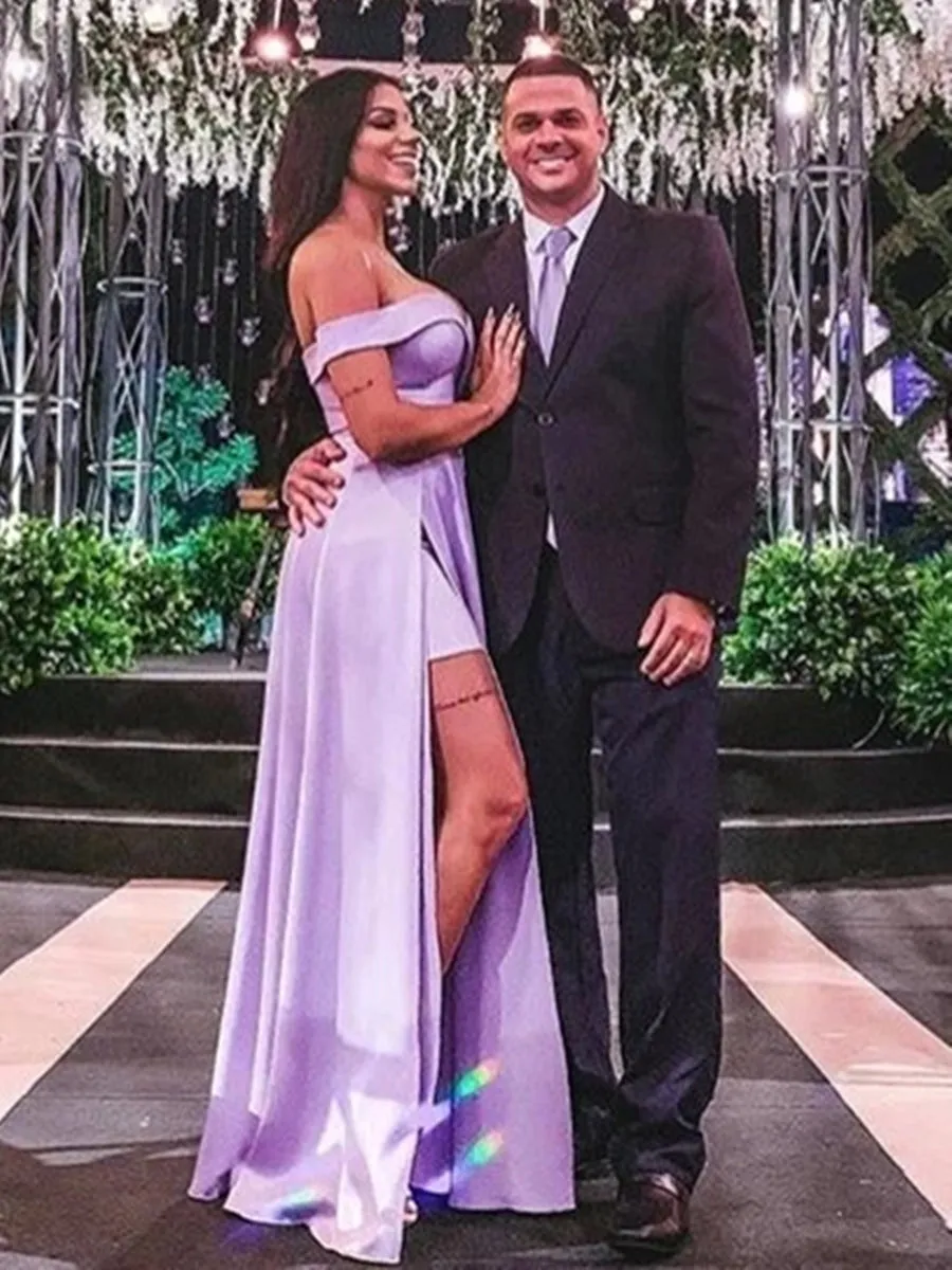 Off the Shoulder Purple Long Prom with High Slit, Off Shoulder Purple Formal, Purple Evening