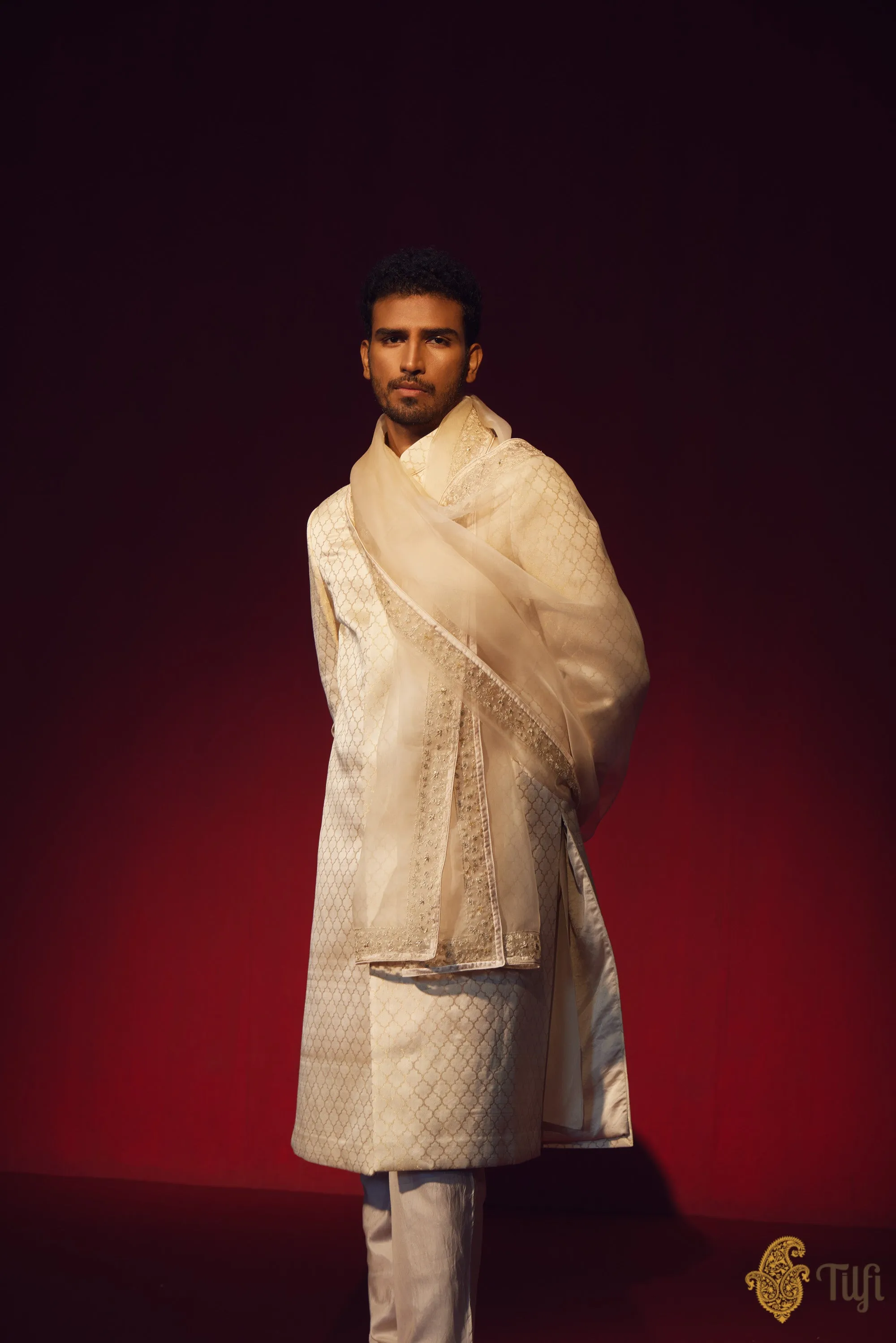 Off-White Pure Satin Silk Sherwani with Off-white Kurta Suit Set and Hand-embroidered Dupatta