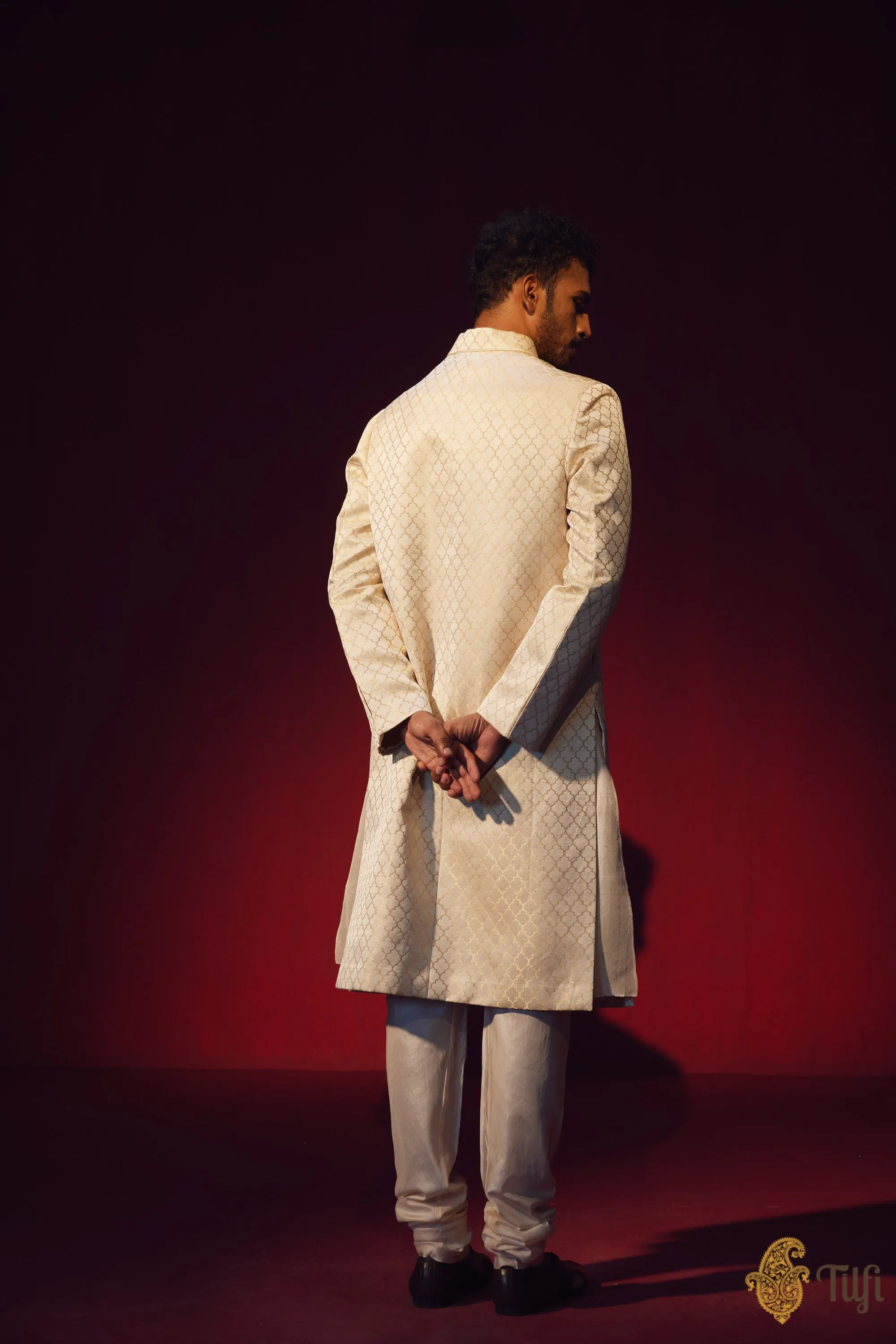 Off-White Pure Satin Silk Sherwani with Off-white Kurta Suit Set and Hand-embroidered Dupatta
