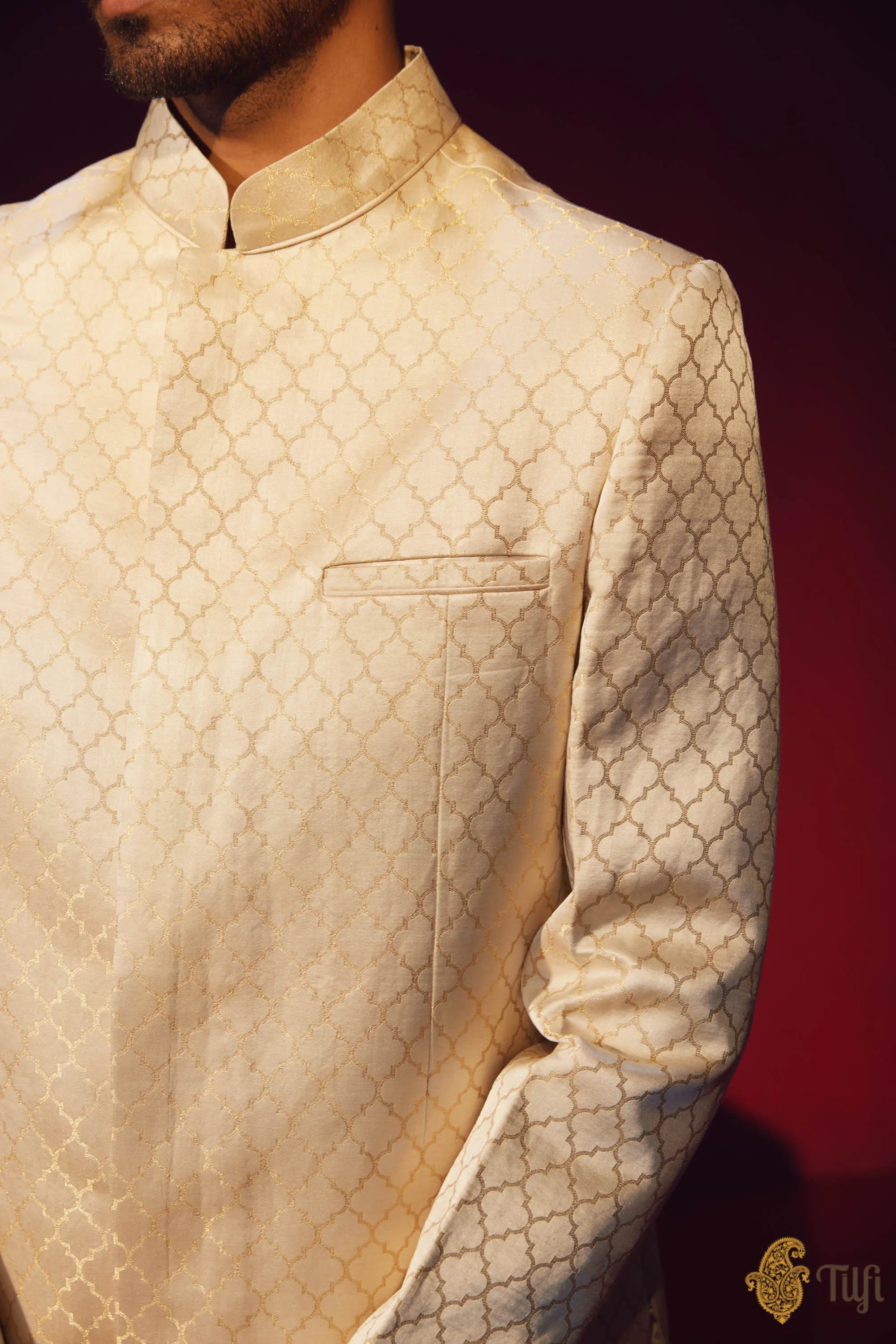 Off-White Pure Satin Silk Sherwani with Off-white Kurta Suit Set and Hand-embroidered Dupatta
