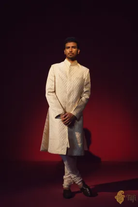 Off-White Pure Satin Silk Sherwani with Off-white Kurta Suit Set and Hand-embroidered Dupatta