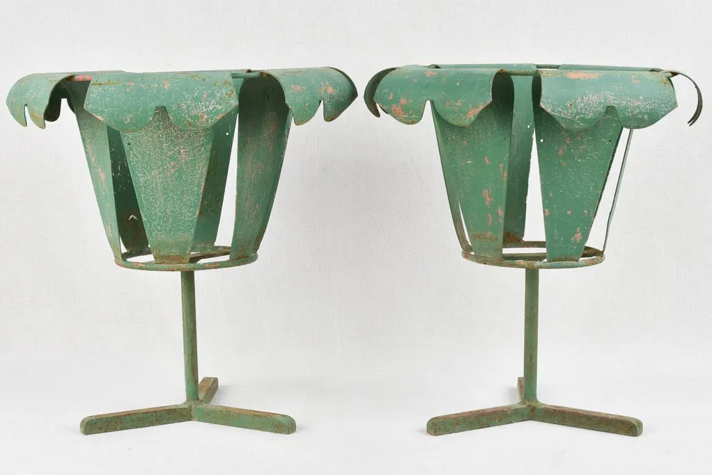 Pair vintage of metal plant stands with green patina 18"