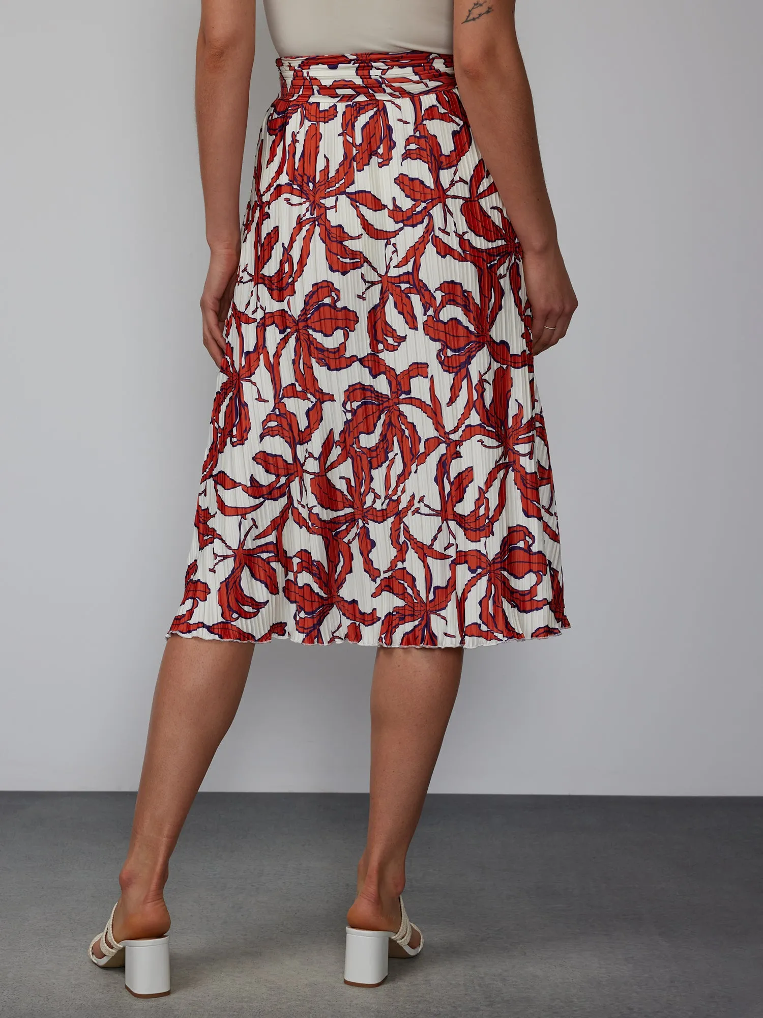 Pleated A-line Leaf Print Midi Skirt
